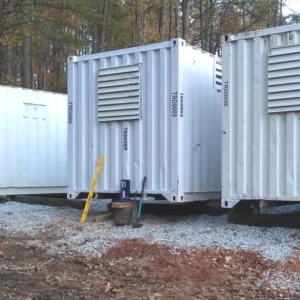 40 ft container shop – climate controlled office + inventory storage / racking